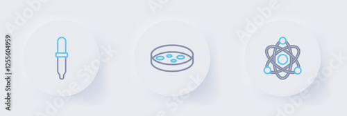 Set line Atom, Petri dish with bacteria and Pipette icon. Vector