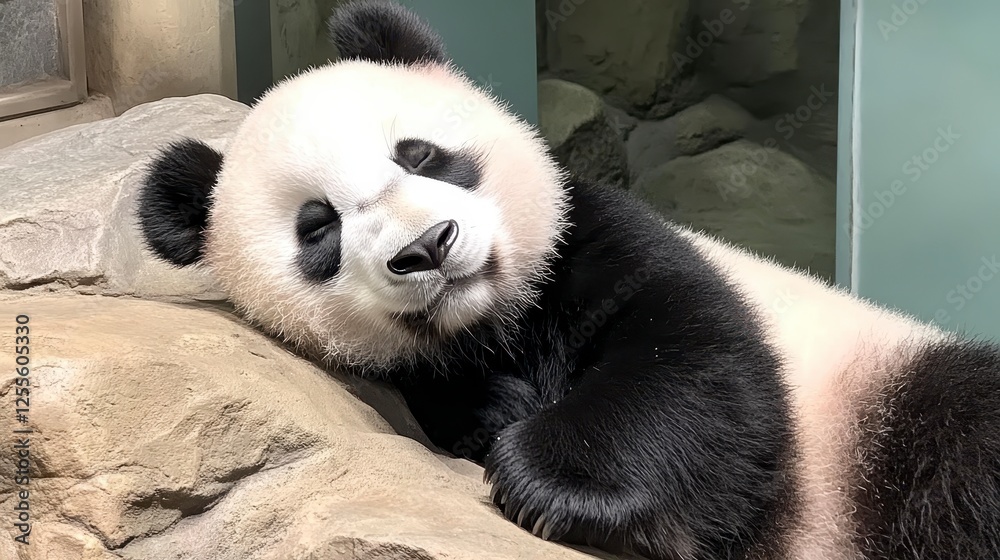 A relaxed panda cub rests on gray and beige rocks, exhibiting a peaceful and calm expression. The panda's fur is a mix of white and black, and its A relaxed panda cub rests on gray and beige rocks, exhibiting a peaceful and calm expression. The panda's fur is a mix of white and black, and its