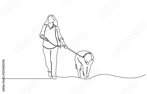 Young girl walking her dog in the park line art design, Continuous line drawing of Woman Wearing face mask walking with her dog. Dog and girl shape with active stroke.