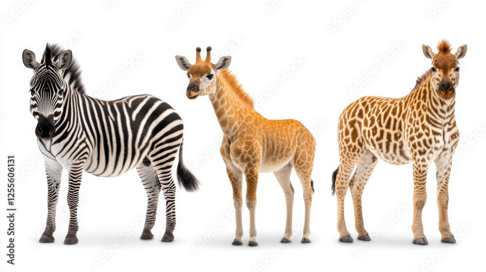 Three animals, a zebra and two giraffes, isolated against a white background, full body, standing straight, side by side, showcasing their unique Three animals, a zebra and two giraffes, isolated against a white background, full body, standing straight, side by side, showcasing their unique