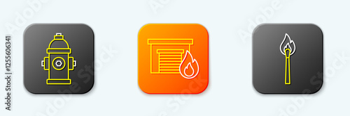 Set line Fire hydrant, in burning garage and Burning match with fire icon. Vector