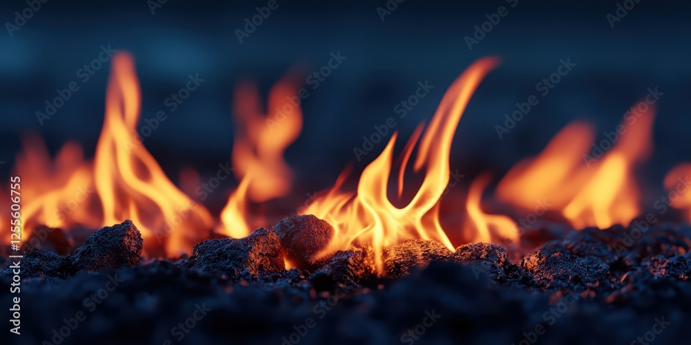 Vibrant Flames Dancing on Dark Background of Hot Embers and Ashes Vibrant Flames Dancing on Dark Background of Hot Embers and Ashes