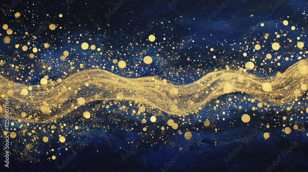 Fototapeta premium dynamic canvas of shimmering gold particles on deep blue background creates mesmerizing visual effect. flowing lines and scattered dots evoke sense of movement and elegance