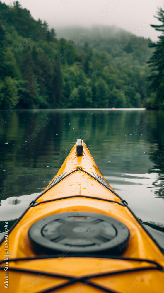 Fototapeta premium first-person view kayak water lake trees sky reflection surrounding scenery outdoor adventure