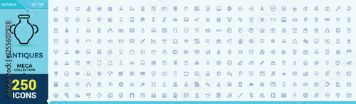 Mega set of Antiques line icons. It contains symbols to fossil, history, antique, vintage, culture, old and more. Outline symbol collection. Vector illustration.