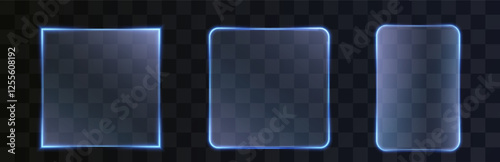  futuristic neon light frame with a glowing blue rectangular border, perfect for digital tech designs. Featuring a transparent, illuminated effect with LED flares, circular and oval shapes, and a mode