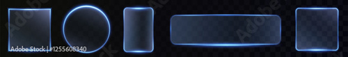  futuristic neon light frame with a glowing blue rectangular border, perfect for digital tech designs. Featuring a transparent, illuminated effect with LED flares, circular and oval shapes, and a mode