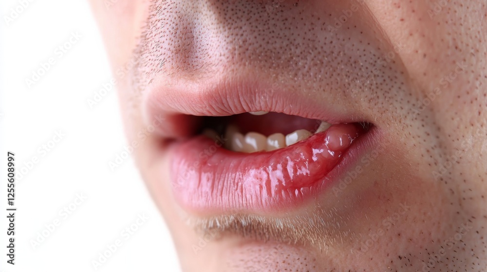 Fototapeta premium Close-up of a person's mouth showing a sore or injury. Medical condition of the mouth