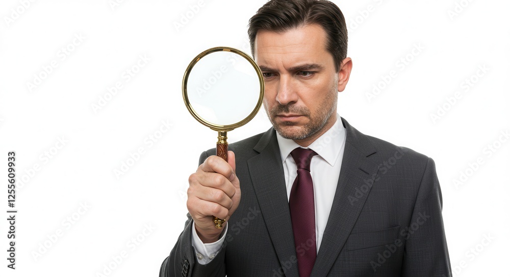 Serious young male detective holding magnifying glass by right eye while standing in front of camera in isolation