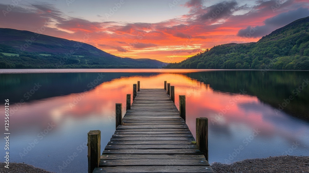 Fototapeta premium Serene Lakeside Sunset with Wooden Pier: A Peaceful Nature Escape
