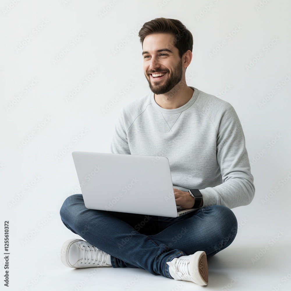 A smiling young man sitting cross-legged with a laptop on a white background, embodying a casual business concept A smiling young man sitting cross-legged with a laptop on a white background, embodying a casual business concept