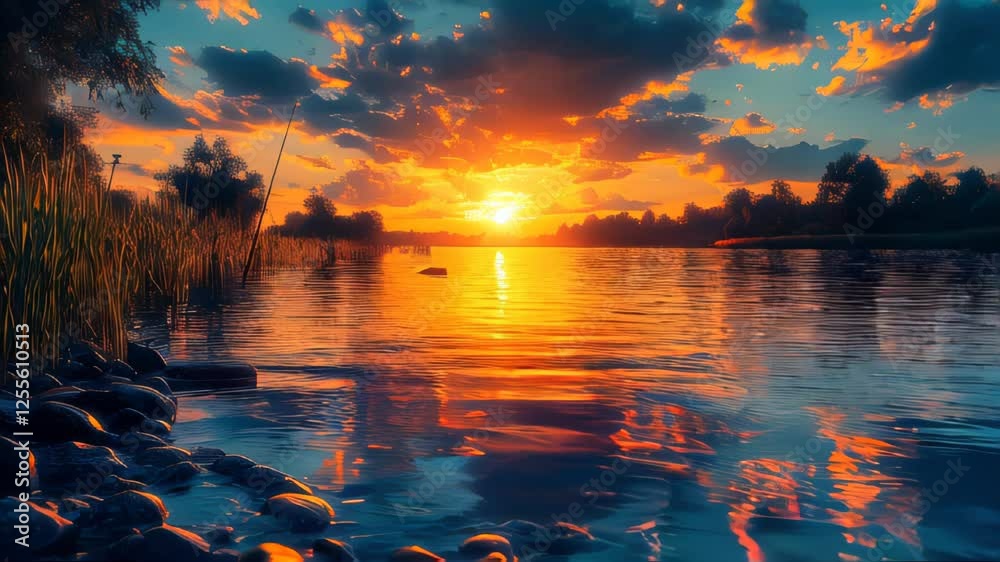 A breathtaking sunset over a calm lake, reflecting vibrant colors of the sky