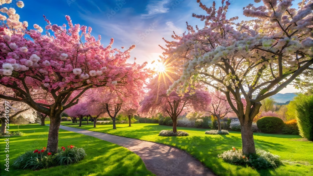 Spring Blossom Garden Pathway Sunrise Spring Blossom Garden Pathway Sunrise