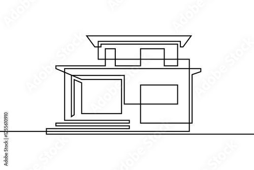 Abstract house in continuous line art drawing style. Two-storey family home with terrace black linear design isolated on white background. Vector illustration