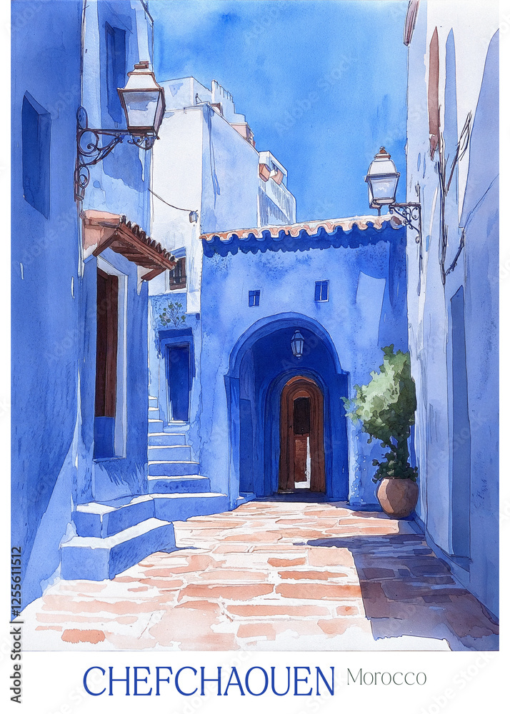 Naklejka premium Chefchaouen Morocco travel illustration. Poster print decor canvas wall art gift