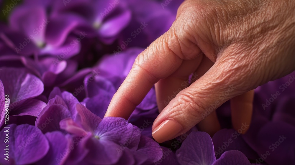 Fototapeta premium Tender Touch on Purple Hydrangea Blooms: Close-up Floral Embrace