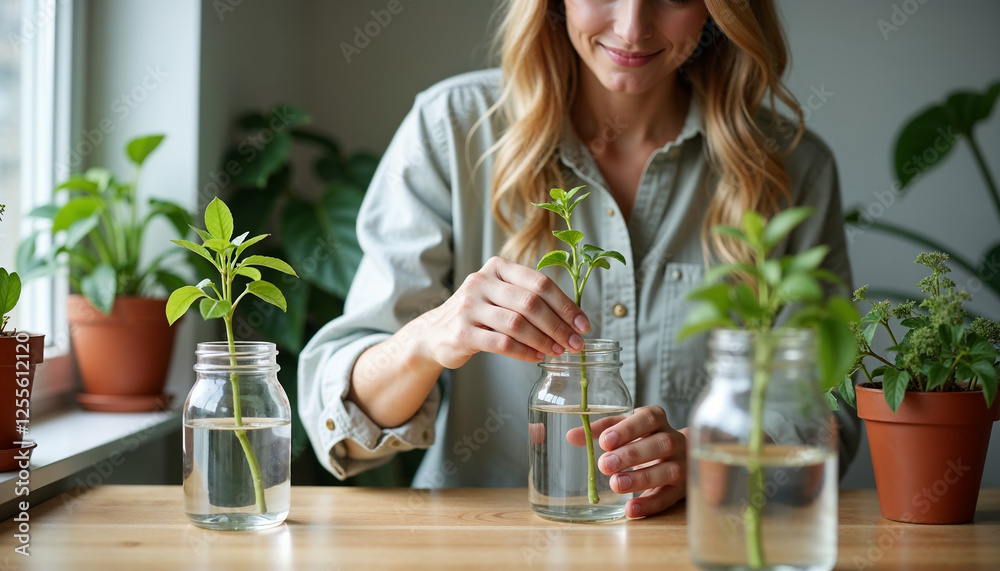 Woman propagating plants in water using jars, step by step guide for beginners, indoor gardening tips Woman propagating plants in water using jars, step by step guide for beginners, indoor gardening tips