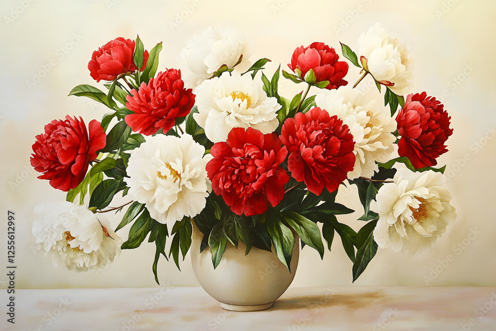 A watercolor painting of red and white peonies blooming in a vase.