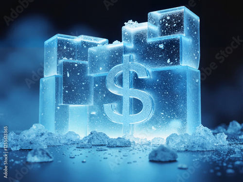Frozen Finances: A chilling dollar sign encased in stacked ice blocks, representing stagnant or frozen assets.