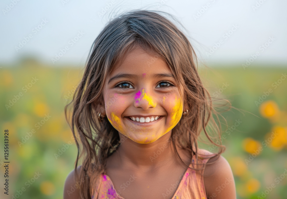 A little girl smiles brightly as she celebrates Holi, her face adorned with colorful powders amidst lush greenery and flowers