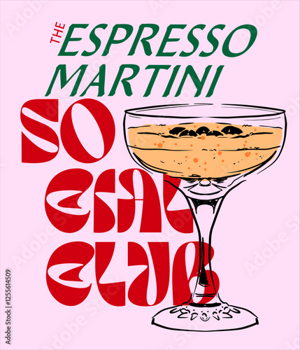 Espresso Martini Social Club print, Minimalist hand drawn Martini drink doodle, Whimsical drink illustration for T-shirt, postcards, branding, logo design and wall art posters