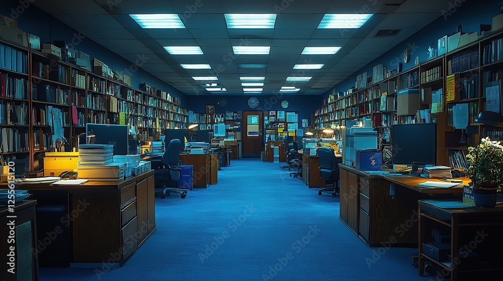 Serene Library Interior with Desks and Bookshelves at Nighttime Serene Library Interior with Desks and Bookshelves at Nighttime