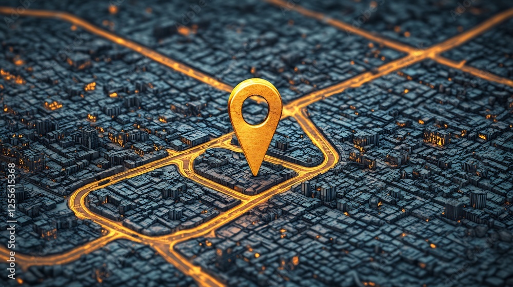 Golden Location Pin Marks City Night Map. AI Generated Golden Location Pin Marks City Night Map. AI Generated