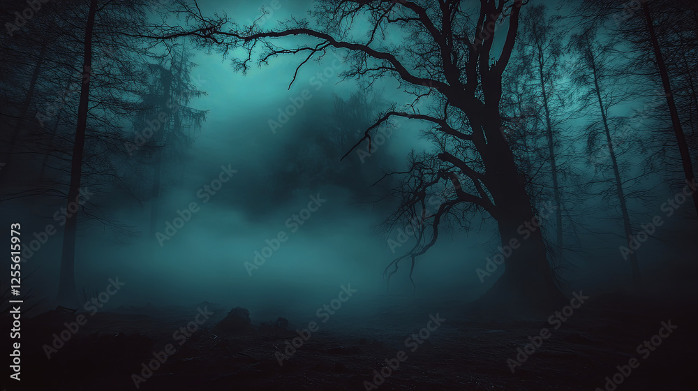 Obraz premium Eerie Atmosphere in a Dark Forest With Fog and Twisted Trees Under a Gloomy Sky