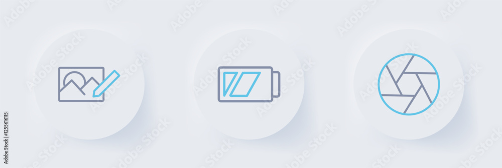 Set line Camera shutter, Battery for camera and Photo retouching icon. Vector Set line Camera shutter, Battery for camera and Photo retouching icon. Vector