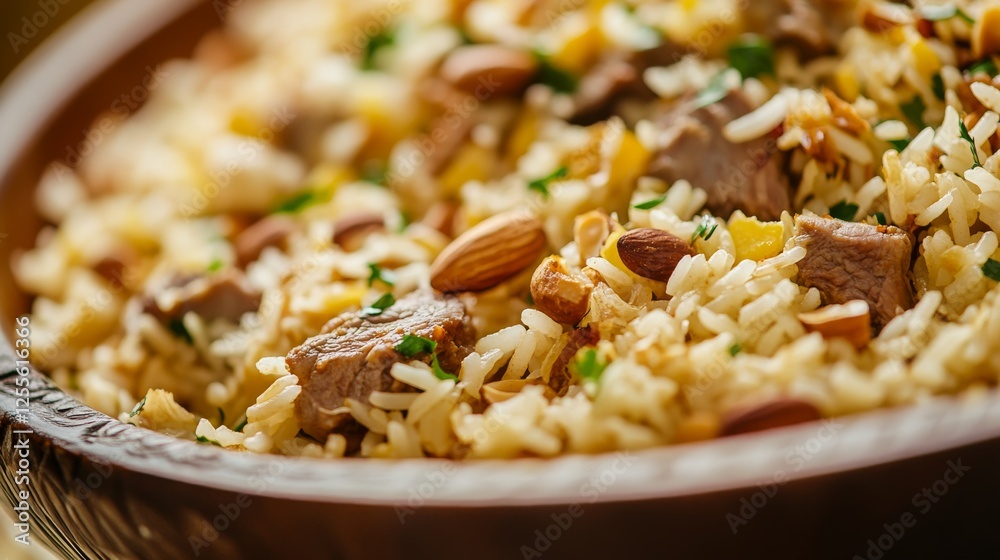 Close-up of rice and Turkish pilaf with lamb and nuts in a traditional Turkish serving dish, emphasizing savory and aromatic qualities. Ideal for Turkish cuisine and hearty meals. Close-up of rice and Turkish pilaf with lamb and nuts in a traditional Turkish serving dish, emphasizing savory and aromatic qualities. Ideal for Turkish cuisine and hearty meals.