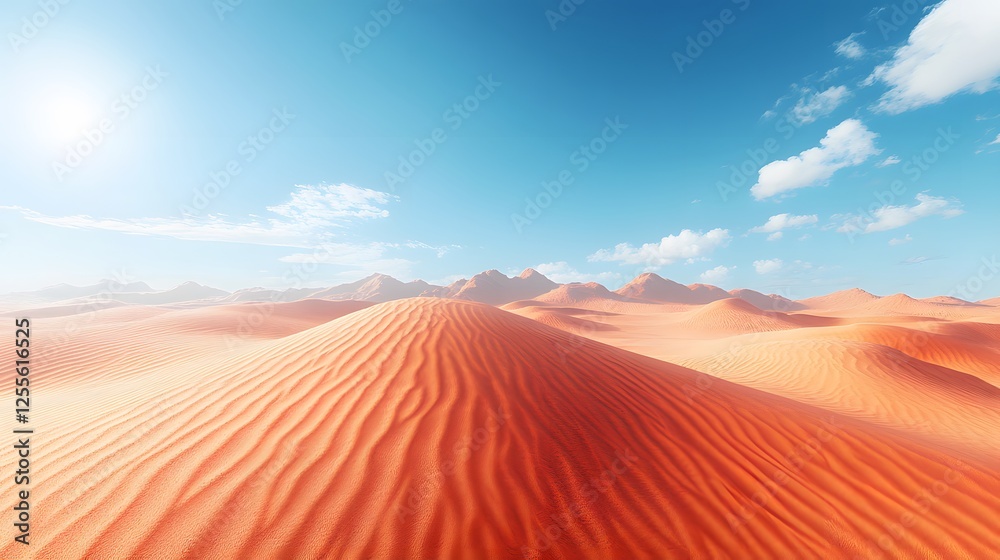 Fototapeta premium Stunning desert landscape presents vibrant orange sand dunes against deep blue sky, with golden sunlight creating natural patterns in pristine Sahara setting with minimalist composition.