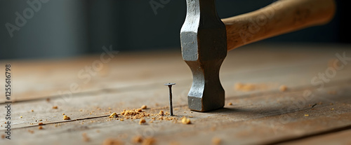 Wallpaper Mural Precision strikes: A hammer poised to drive a nail into weathered wood.  The moment of impact. Torontodigital.ca