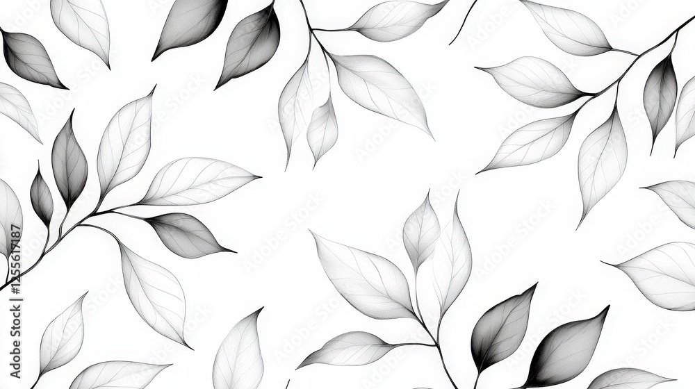 Fototapeta premium Elegant Minimalist Botanical Background with Delicate Leaves in Black and White Shades