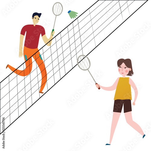 illustration of a woman and man playing badminton on the court