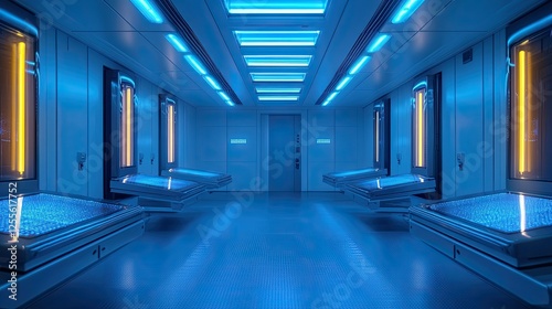 Surfaces are disinfected by high-intensity UV light, which successfully kills bacteria and germs. The sophisticated science underlying this cleaning technique is highlighted against a futuristic  photo