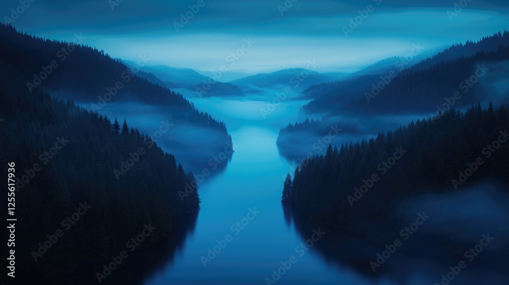 Misty mountain lake at dawn, tranquil scene, nature background, travel photo Misty mountain lake at dawn, tranquil scene, nature background, travel photo
