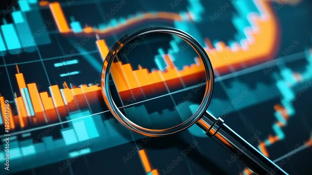 Magnifying glass analyzing financial stock market data with glowing blue and orange graphs. Perfect for investment blogs, economic reports, fintech presentations, business analysis, and financial fore