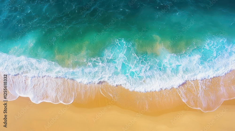 Fototapeta premium Aerial View Of Turquoise Waves On Golden Beach