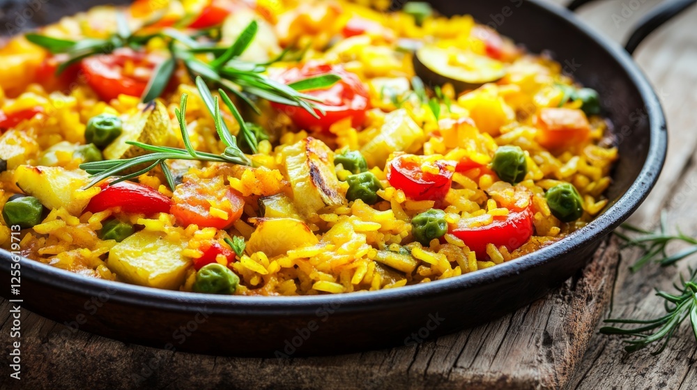 Close-up of rice and vegetable paella with saffron on a rustic wooden table, emphasizing vibrant colors and rich flavors. Ideal for Spanish cuisine and festive meals. Close-up of rice and vegetable paella with saffron on a rustic wooden table, emphasizing vibrant colors and rich flavors. Ideal for Spanish cuisine and festive meals.