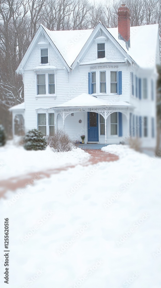 White Victorian House Covered in Snow on a Winter Day White Victorian House Covered in Snow on a Winter Day