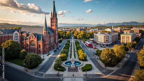 Vibrant Sherbrooke Skyline: Gothic Church and War Memorial in Quebec's Cultural Hub, Perfect for Tourism photo