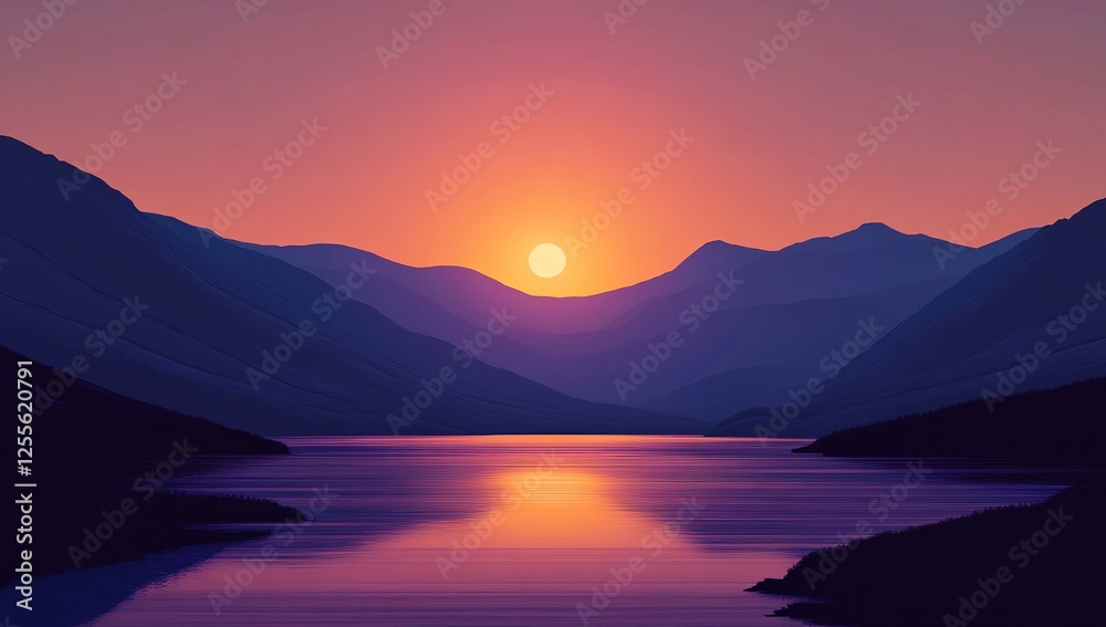 Sunset over Mountains and Lake: Serene Landscape with Golden Hues and Purple Shadows Sunset over Mountains and Lake: Serene Landscape with Golden Hues and Purple Shadows