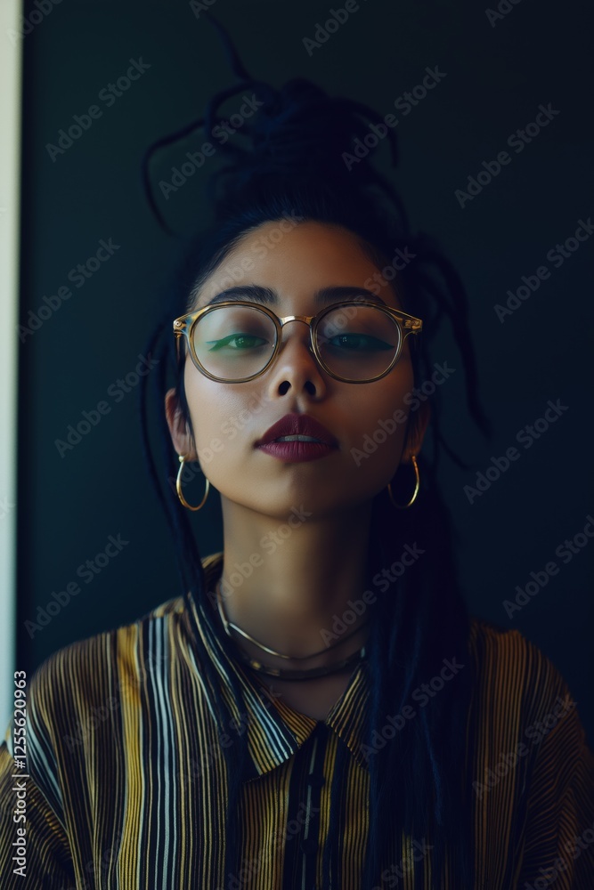 A woman with long hair and glasses is wearing a gold and black striped shirt. She is wearing a necklace and earrings A woman with long hair and glasses is wearing a gold and black striped shirt. She is wearing a necklace and earrings