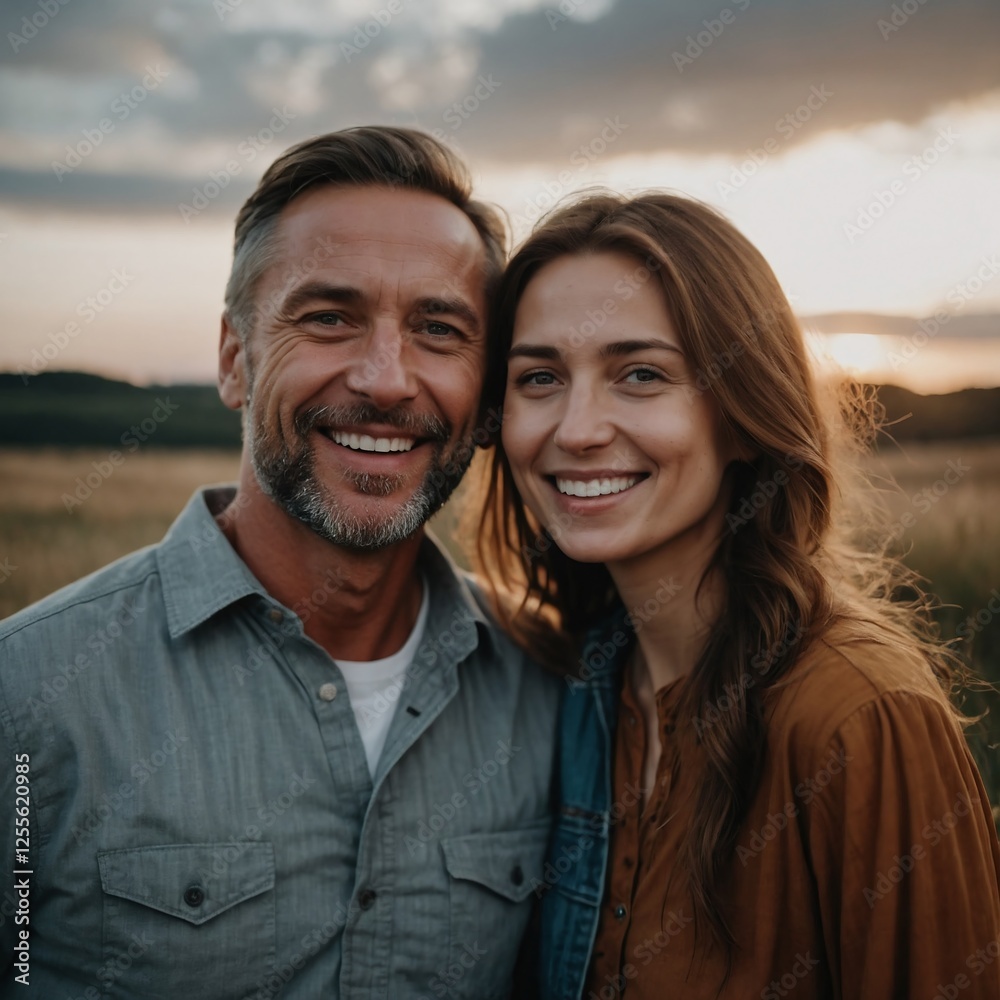 Smiling Couple Portrait Outdoors in Nature Embracing Love and Happiness Smiling Couple Portrait Outdoors in Nature Embracing Love and Happiness