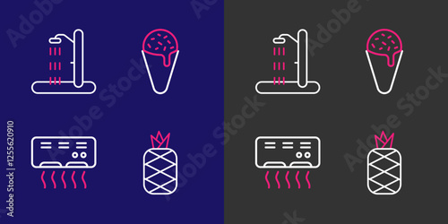 Set line Pineapple, Air conditioner, Ice cream waffle cone and Beach shower icon. Vector