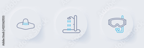 Set line Diving mask, Beach shower and Elegant women hat icon. Vector