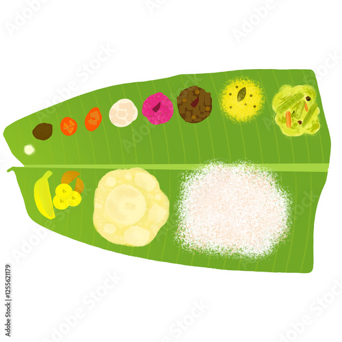 Kerala traditional sadya on banana leaf isolated on transparent background, png image, it mainly used for festival of vishu, onam, pongal and diwali