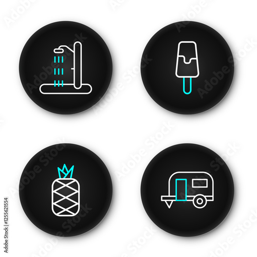 Set line Rv Camping trailer, Pineapple, Ice cream and Beach shower icon. Vector