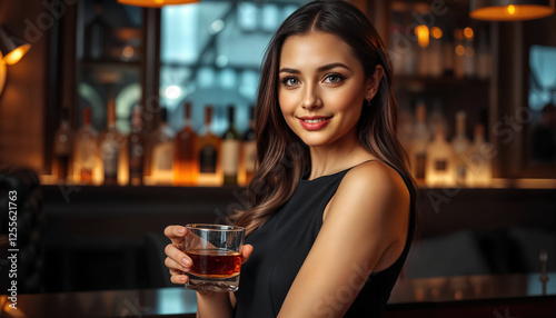 Stunning young woman in a black evening dress at an intimate whiskey bar, moody luxury portrait for editorial and advertising