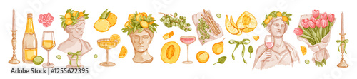 Italian wedding decoration set, vector hand drawn watercolor antique sculpture, Amalfi lemon, fruit. Wine glass elegant illustration, appetizer picnic elements invitation design print. Italian wedding